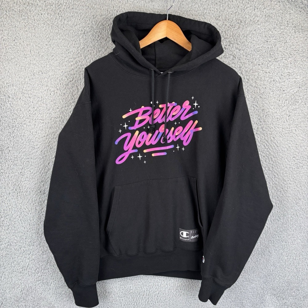 Champion Hoodie Mens Large Black Reverse Weave 'Better Yourself' Sweatshirt